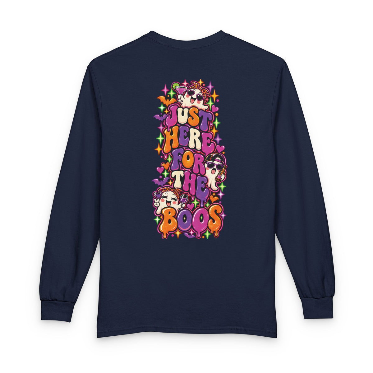 Halloween Long Sleeve Tee — "Just Here for the Boos" Ghost Party Shirt