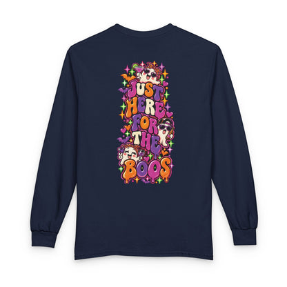 Halloween Long Sleeve Tee — "Just Here for the Boos" Ghost Party Shirt