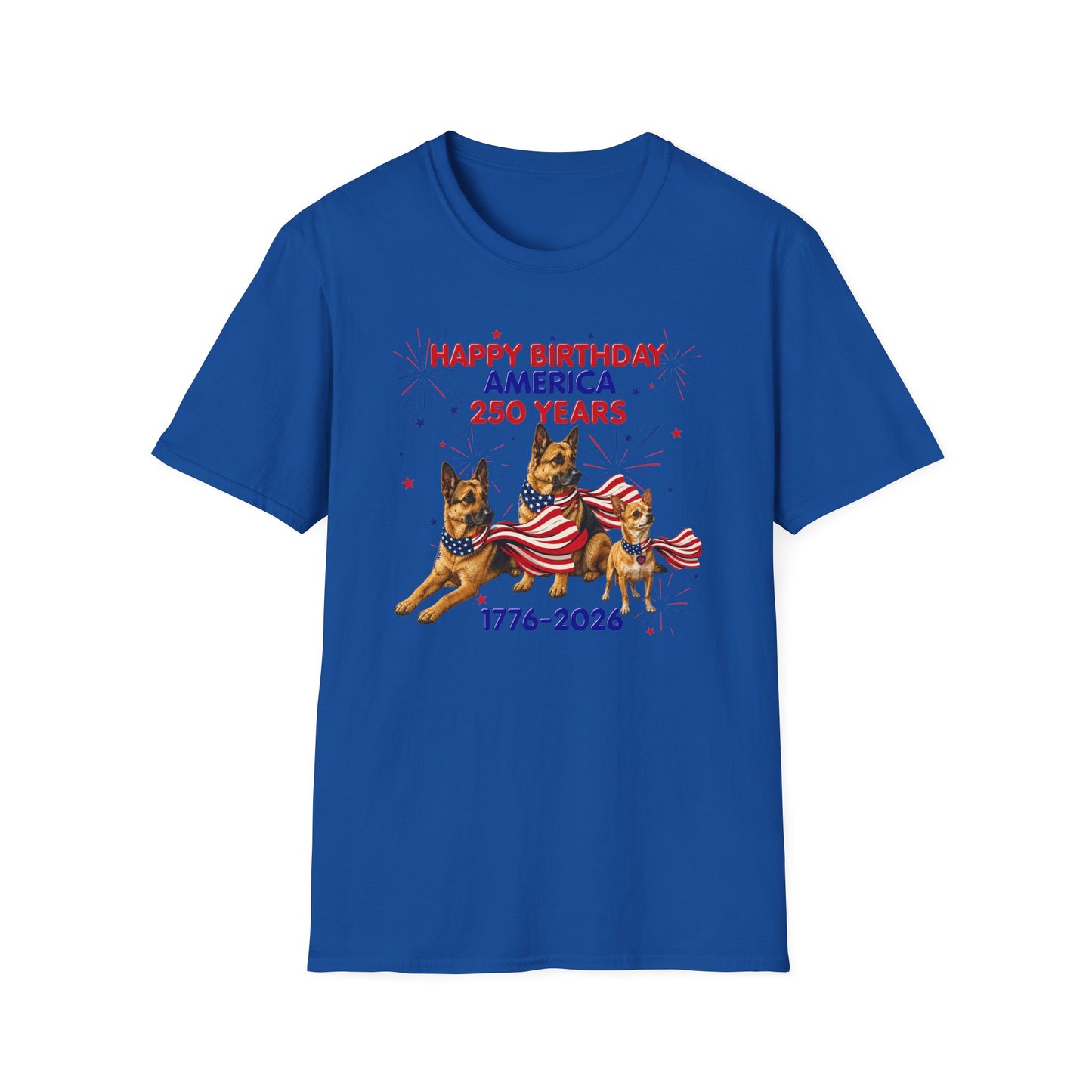 1776–2026 Happy Birthday America T-Shirt — 250 Years Patriotic Flag Dogs Tee