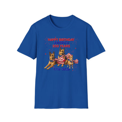 1776–2026 Happy Birthday America T-Shirt — 250 Years Patriotic Flag Dogs Tee