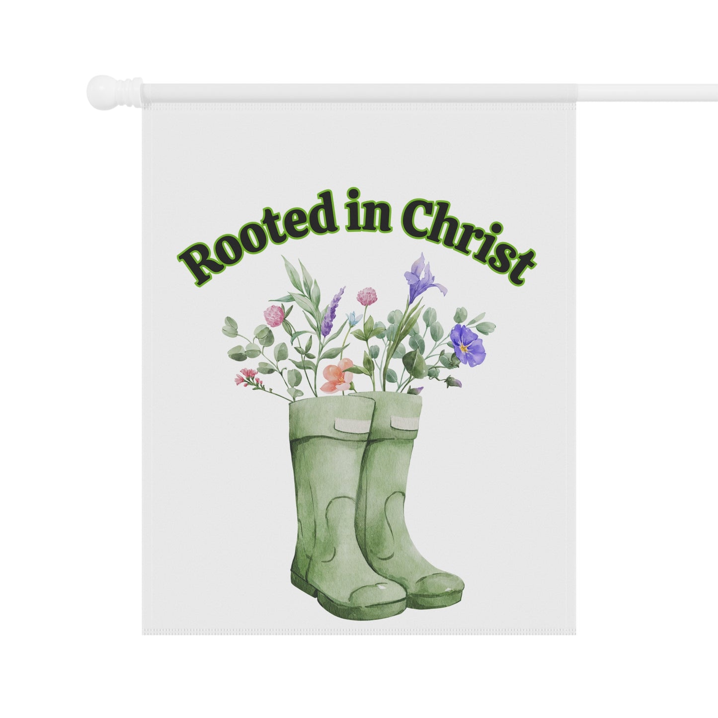 Rooted in Christ Garden Flag — Floral Rainboot Christian Yard Banner