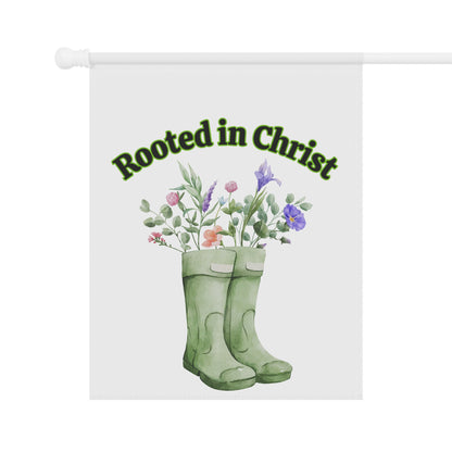 Rooted in Christ Garden Flag — Floral Rainboot Christian Yard Banner