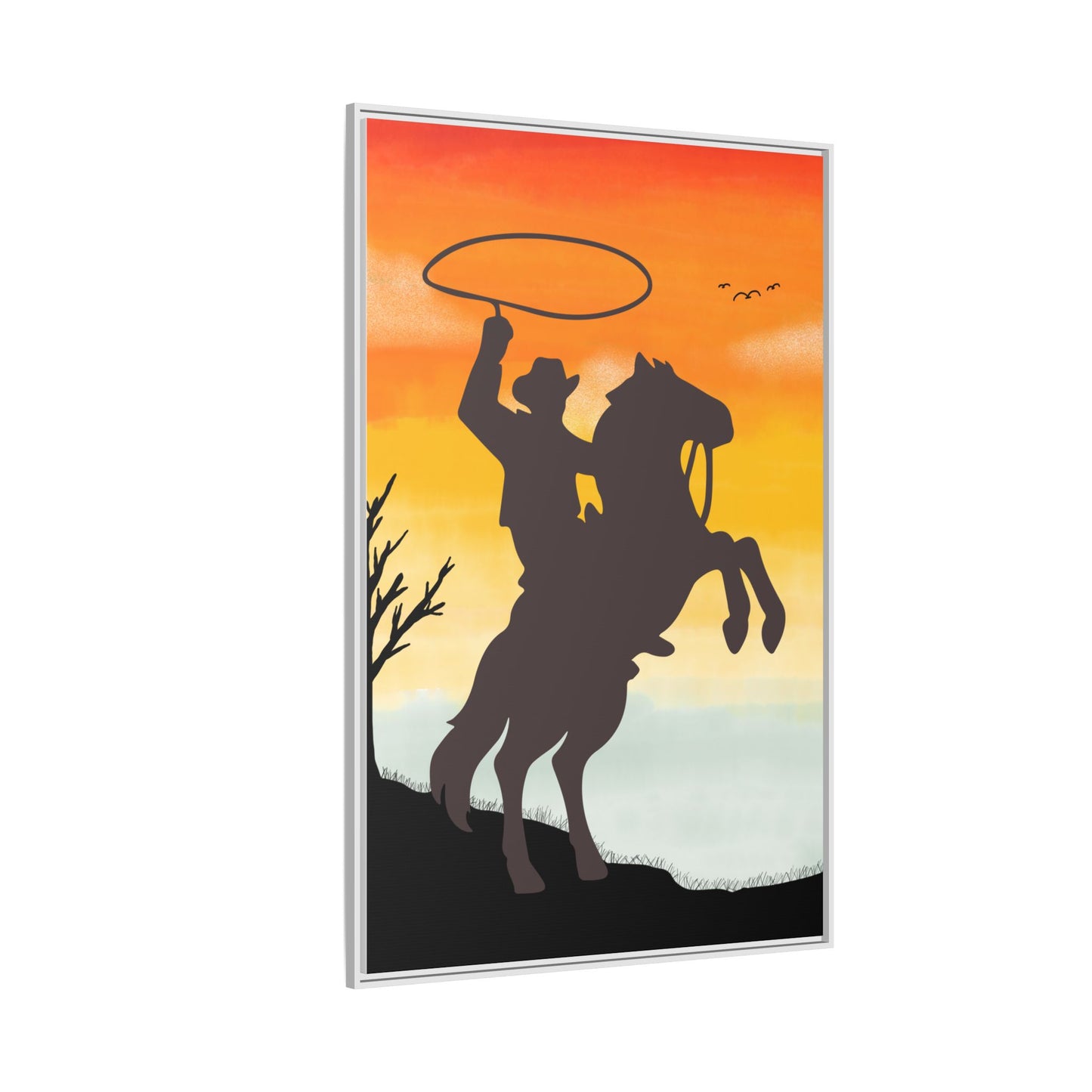 Framed Canvas Art Print Western Home Decor Rustic Wall Art Gift for Cowgirl or Cowboy Country Housewarming Rodeo Home Decor Cowboy Sunset