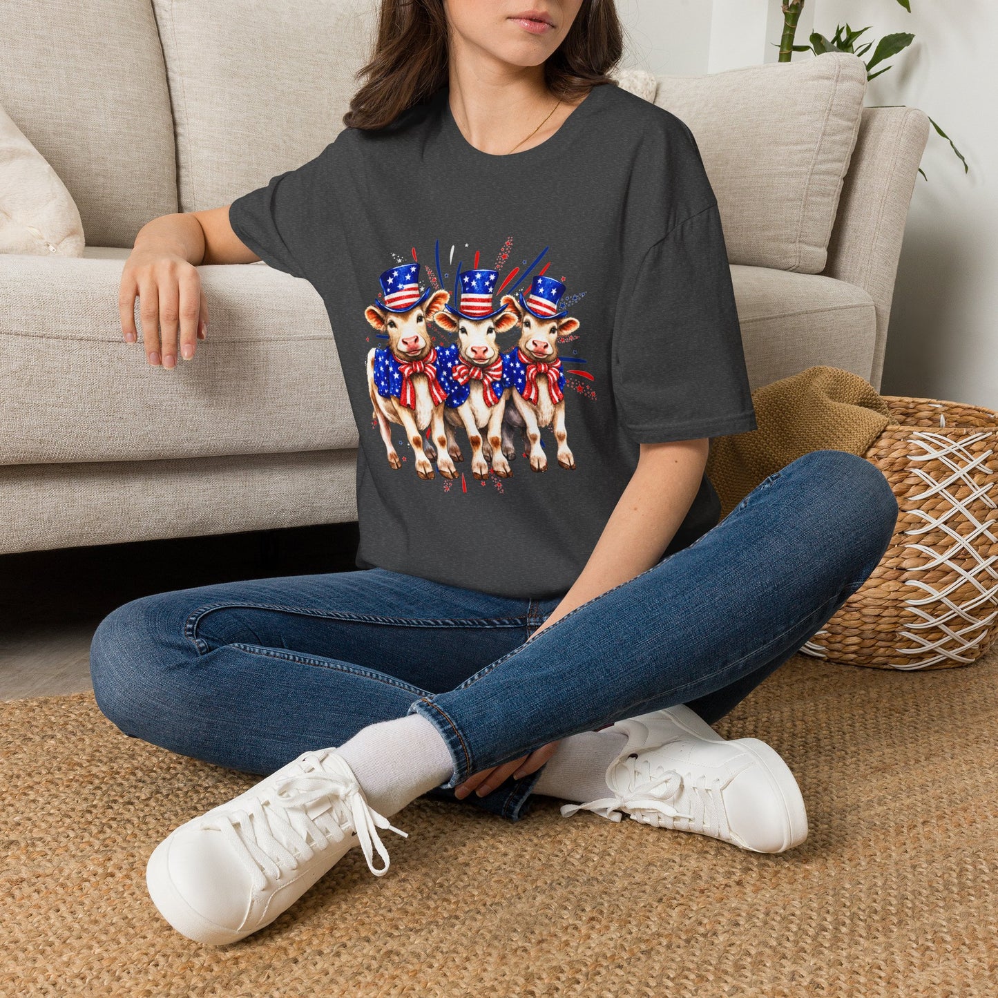 American Patriotic Cows T-Shirt — 4th of July Cow Trio in Uncle Sam Hats