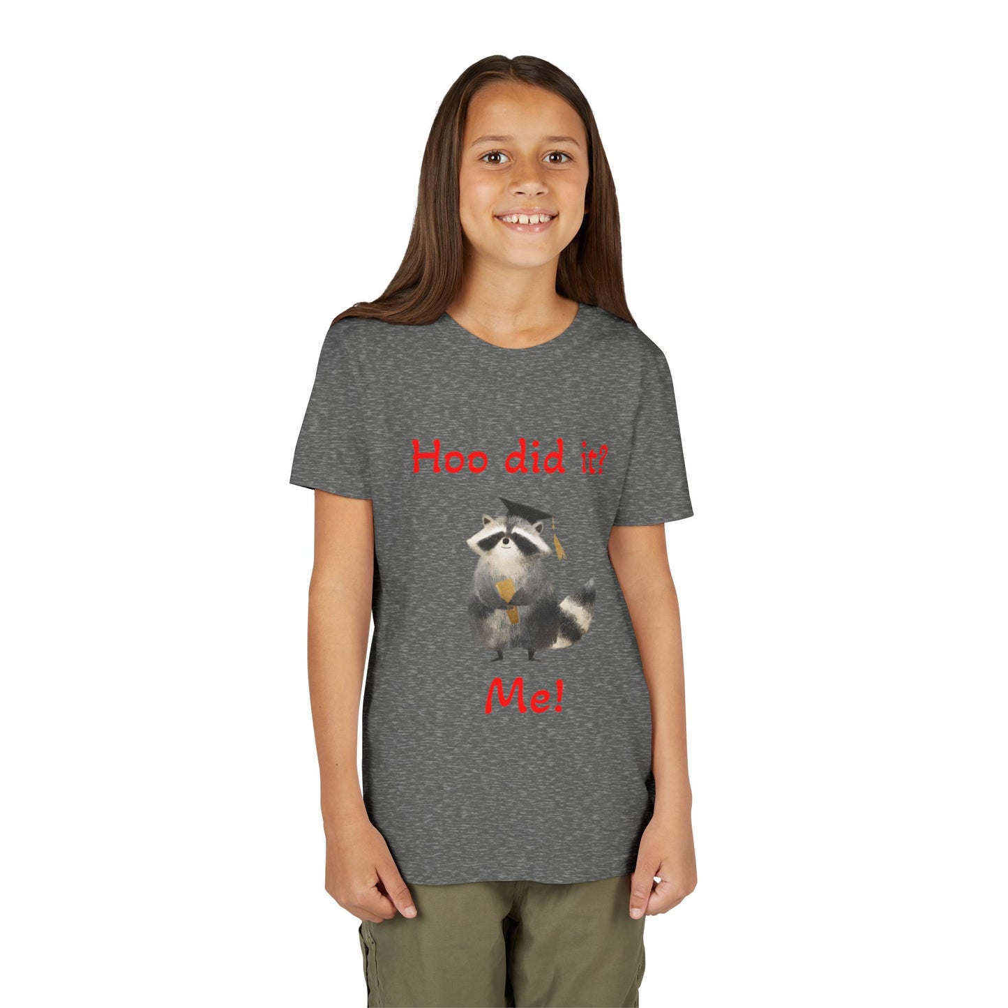 Youth Tee – Cute Raccoon “Hoo did it? Me!” Kids Shirt