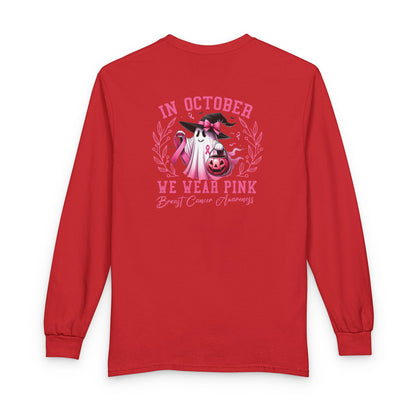 Breast Cancer Awareness Long Sleeve Tee — "In October We Wear Pink" Cow Design