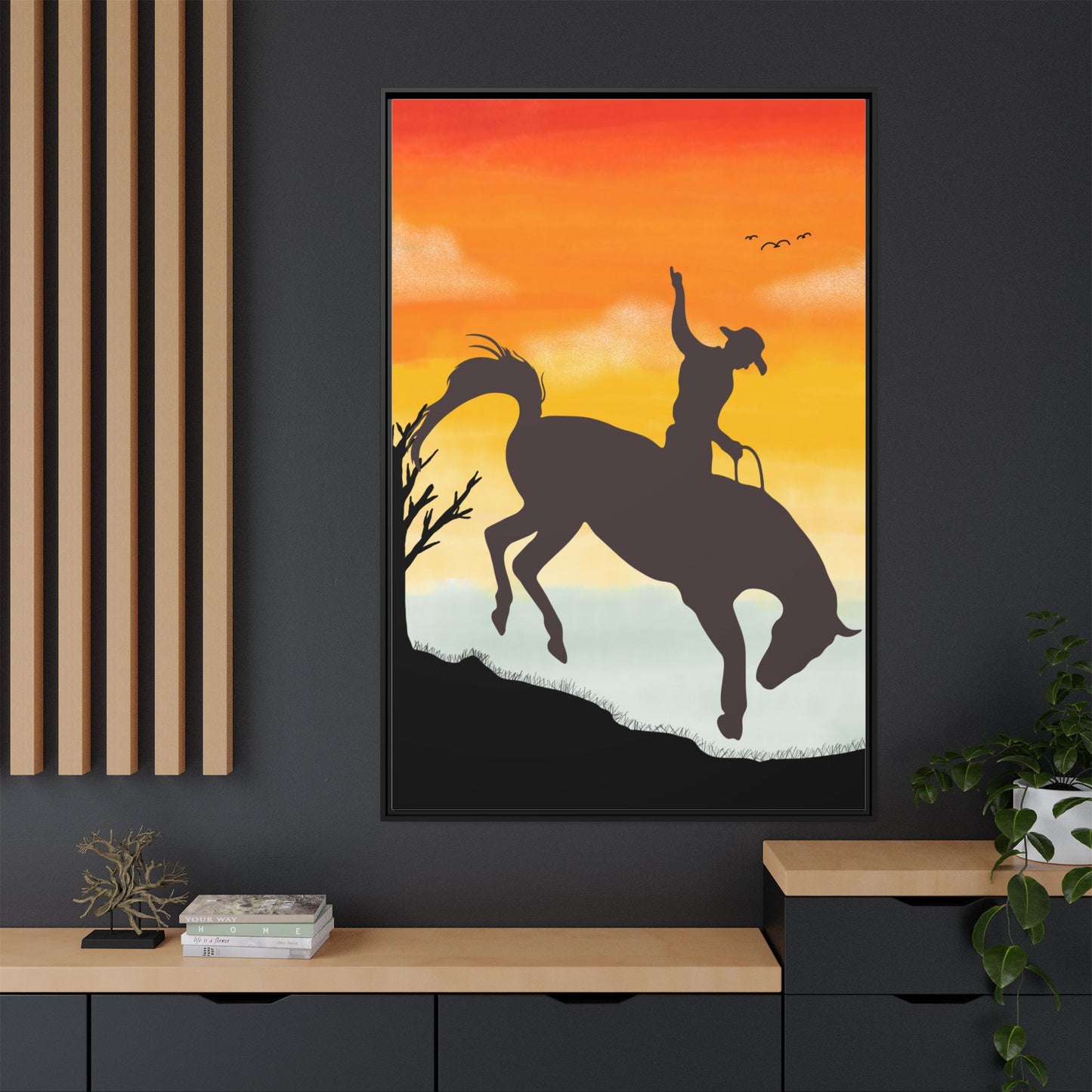 Framed Cowboy Sunset Canvas Art Equestrian Decor Farmhouse Wall Art Rustic Home Decoration Gift for Horse Lovers Rodeo Decor Housewarming Gift