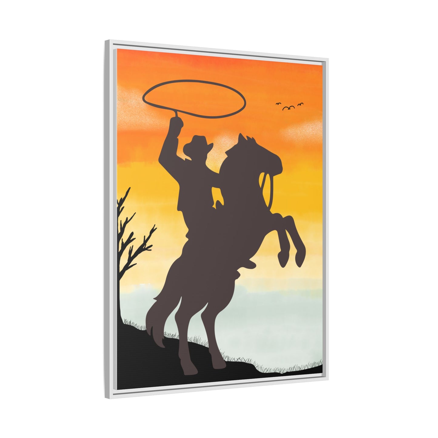 Framed Canvas Art Print Western Home Decor Rustic Wall Art Gift for Cowgirl or Cowboy Country Housewarming Rodeo Home Decor Cowboy Sunset