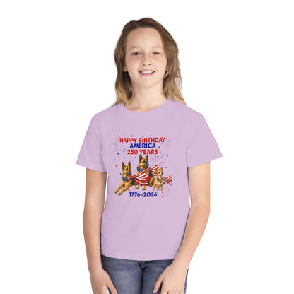Youth Tee — "Happy Birthday America 250 Years 1776-2026" Patriotic German Shepherds