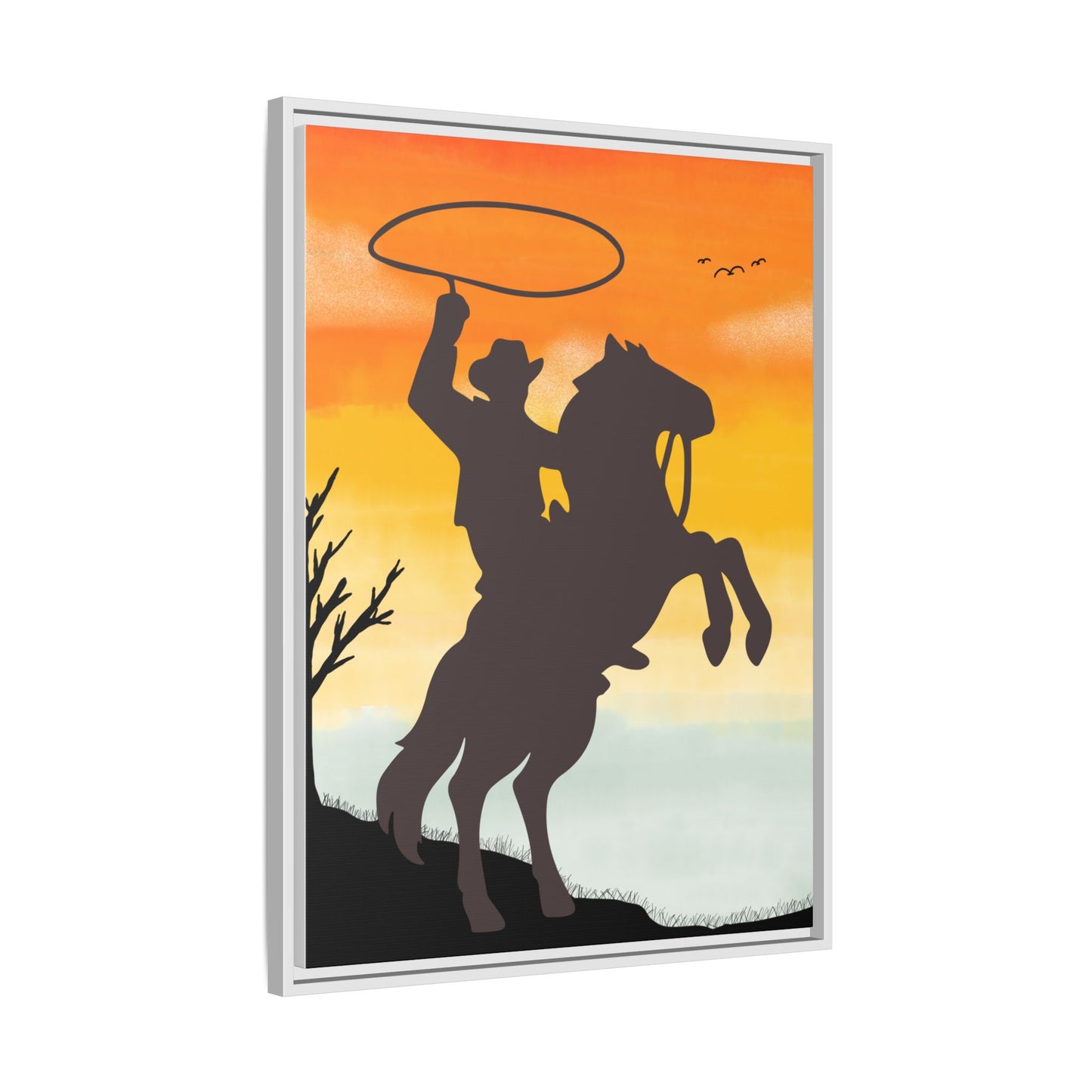 Framed Canvas Art Print Western Home Decor Rustic Wall Art Gift for Cowgirl or Cowboy Country Housewarming Rodeo Home Decor Cowboy Sunset
