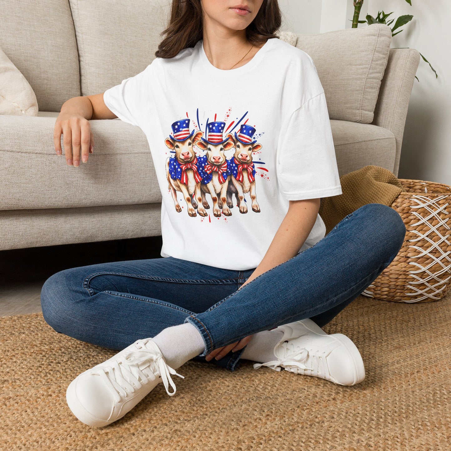 American Patriotic Cows T-Shirt — 4th of July Cow Trio in Uncle Sam Hats