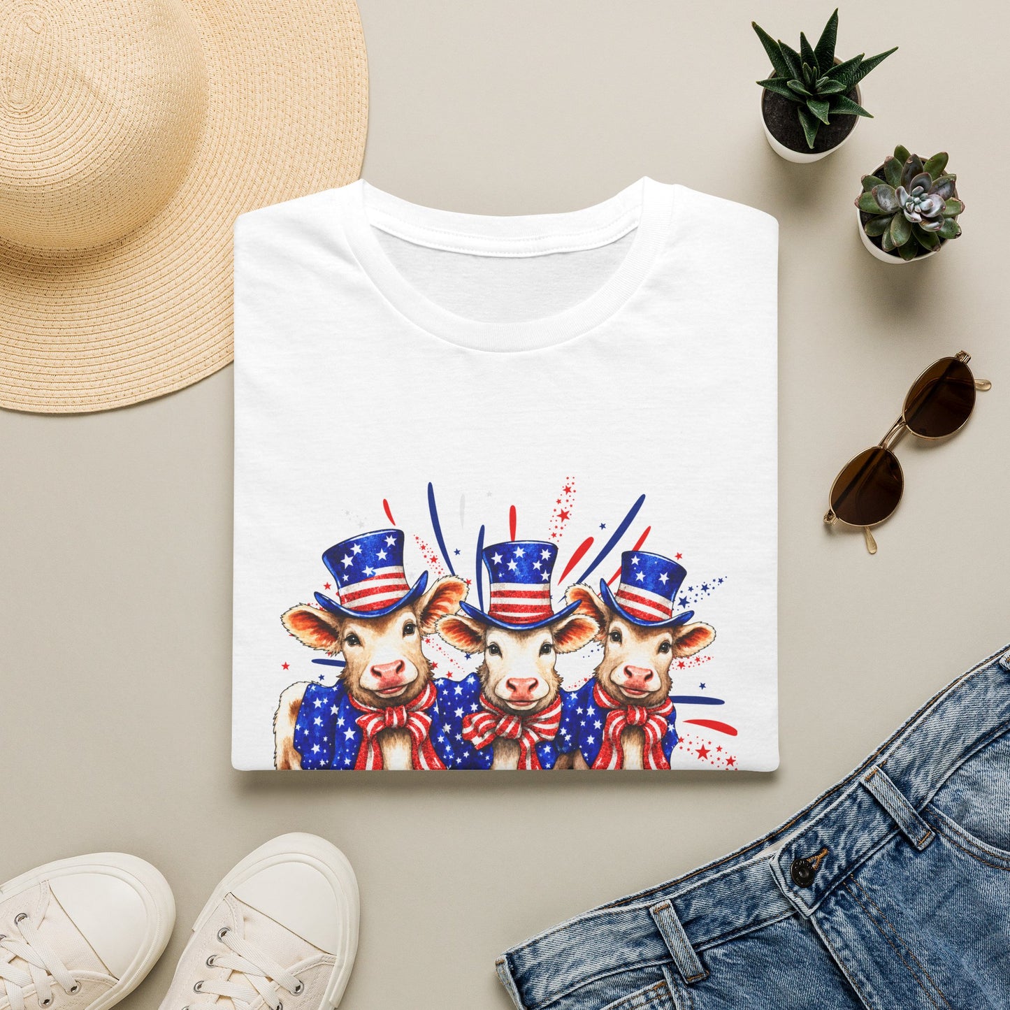 American Patriotic Cows T-Shirt — 4th of July Cow Trio in Uncle Sam Hats