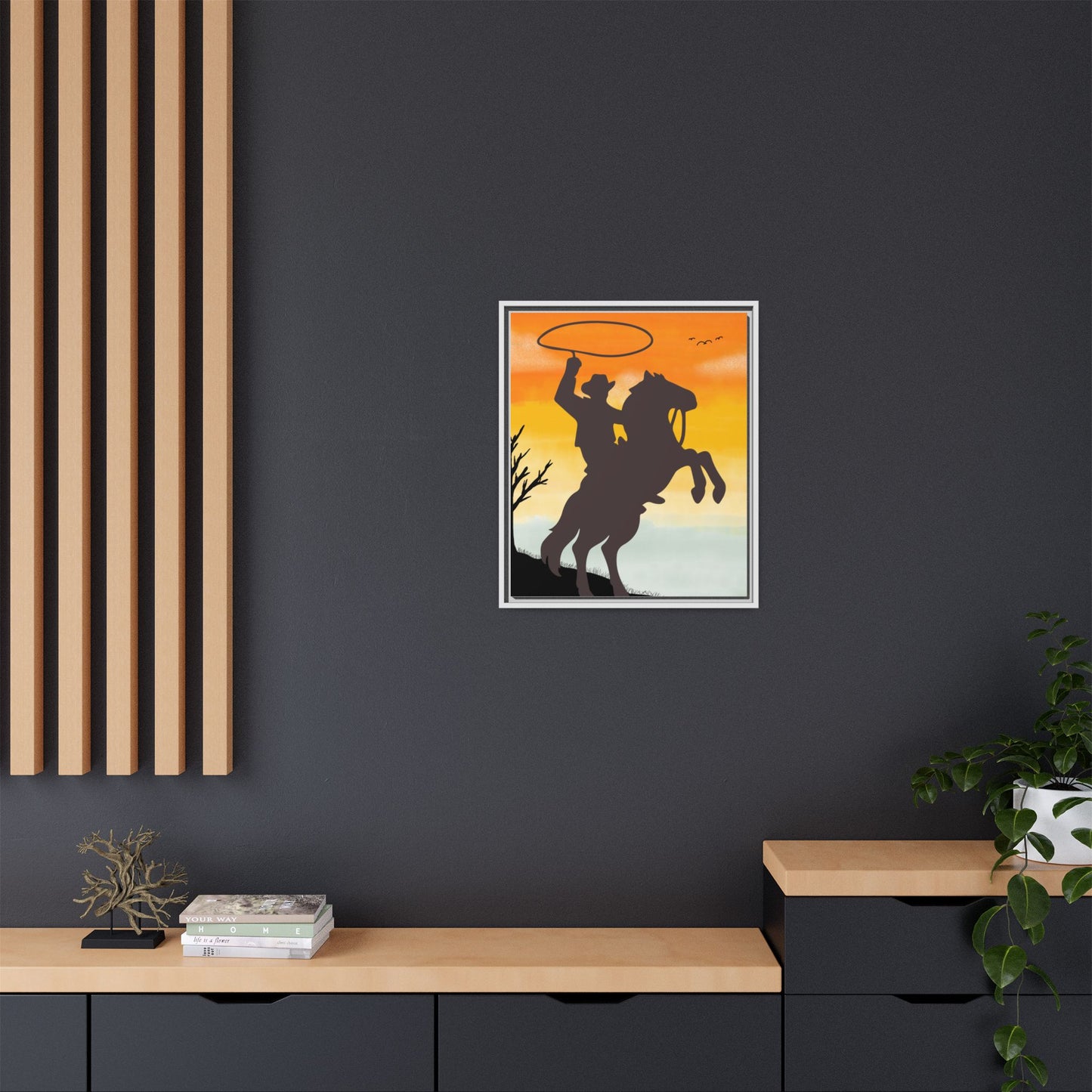 Framed Canvas Art Print Western Home Decor Rustic Wall Art Gift for Cowgirl or Cowboy Country Housewarming Rodeo Home Decor Cowboy Sunset