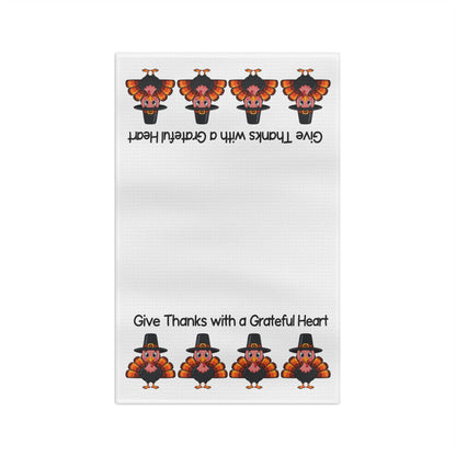 Thankful Turkeys Microfiber Tea Towel — "Give Thanks with a Grateful Heart" Thanksgiving Kitchen Towel