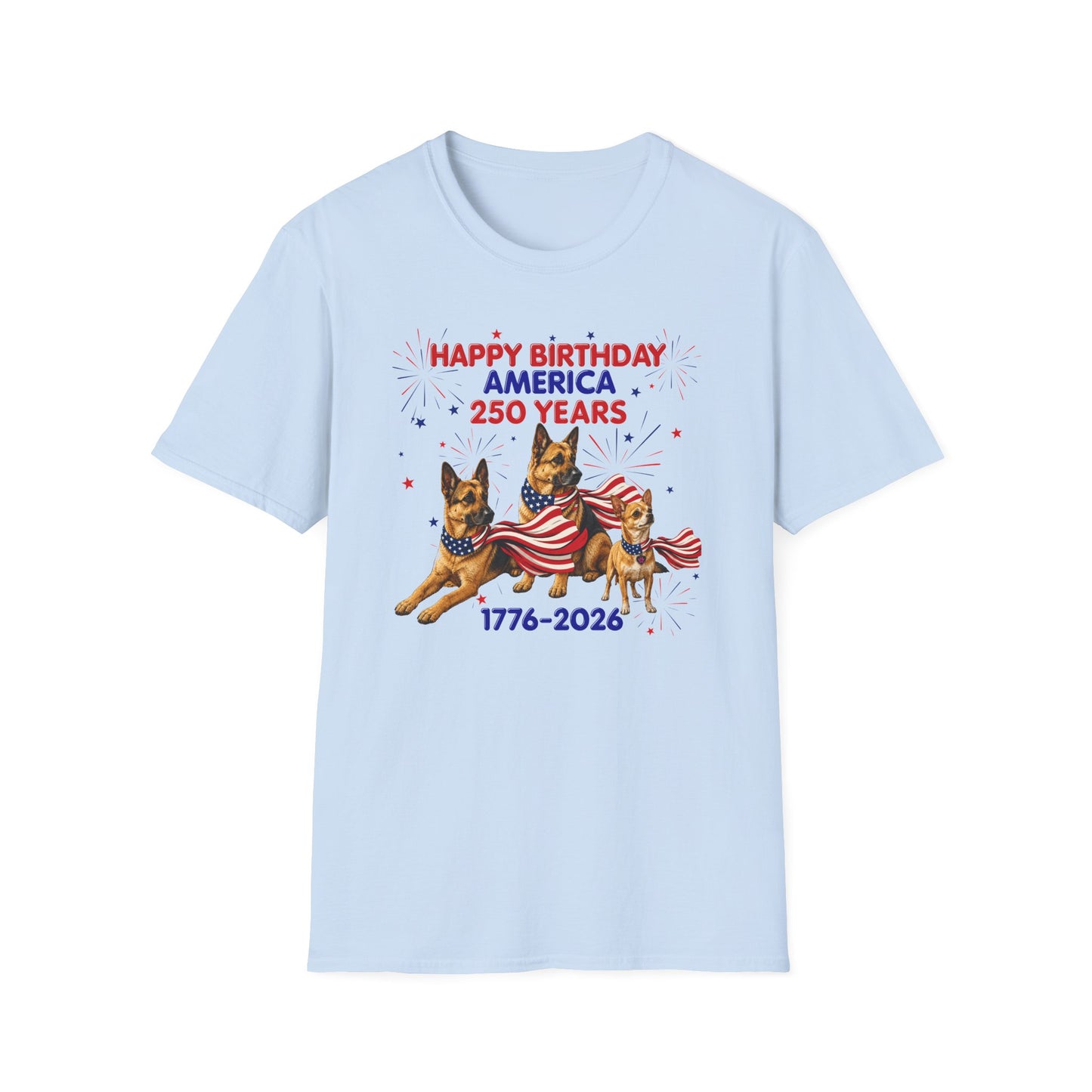 1776–2026 Happy Birthday America T-Shirt — 250 Years Patriotic Flag Dogs Tee