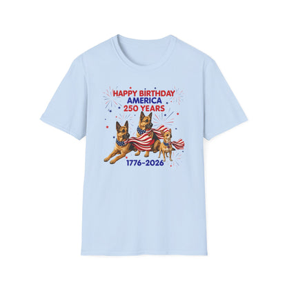 1776–2026 Happy Birthday America T-Shirt — 250 Years Patriotic Flag Dogs Tee