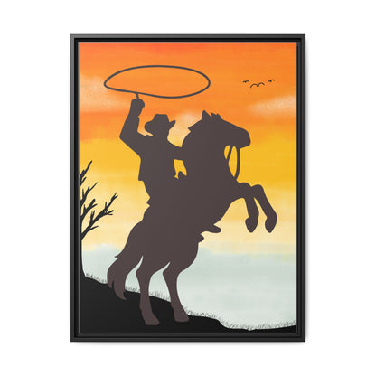 Framed Canvas Art Print Western Home Decor Rustic Wall Art Gift for Cowgirl or Cowboy Country Housewarming Rodeo Home Decor Cowboy Sunset