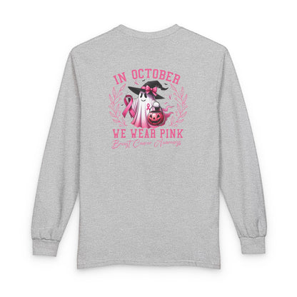 Breast Cancer Awareness Long Sleeve Tee — "In October We Wear Pink" Cow Design