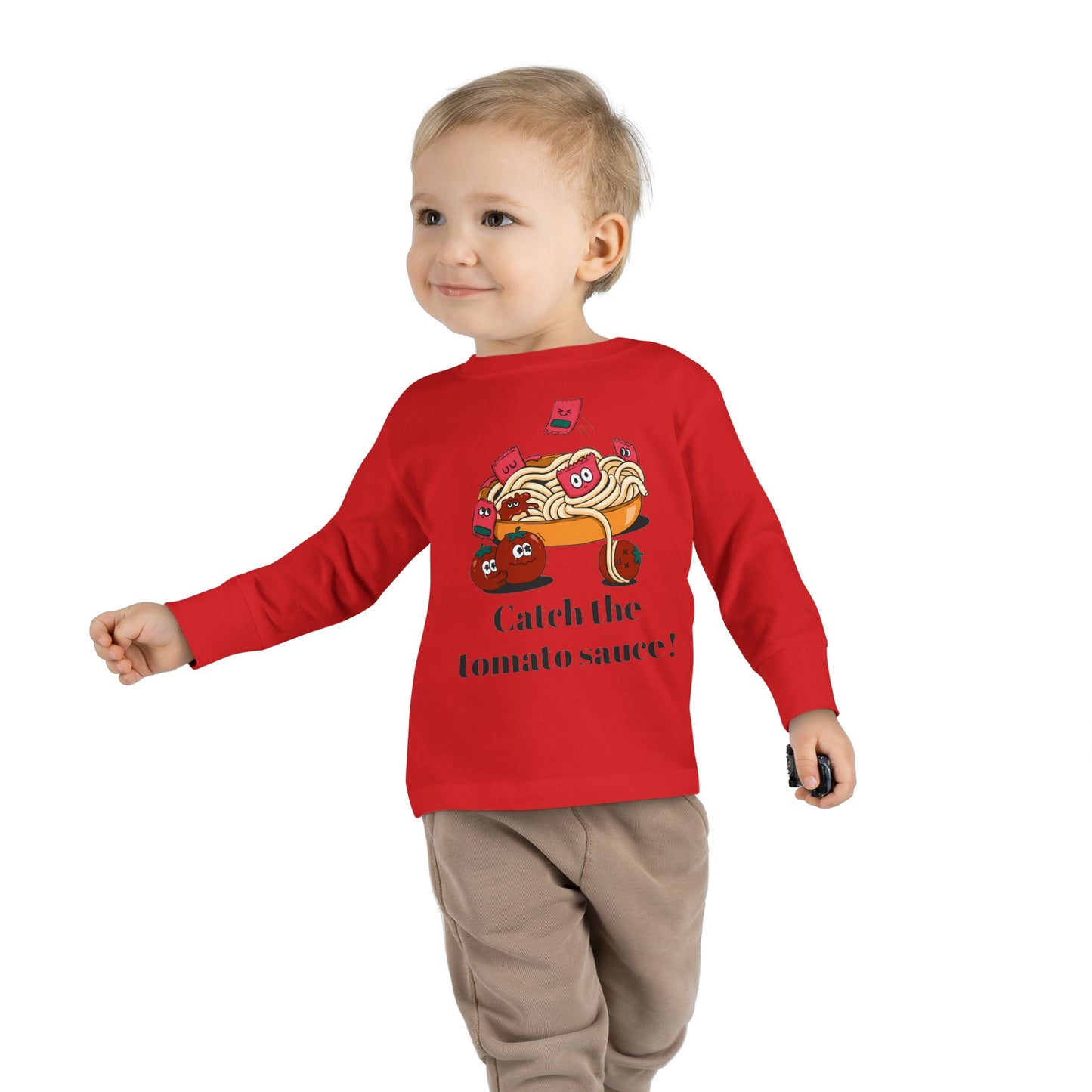 T-Shirt Cute Food-Themed Toddler Long Sleeve Tee Catch the Tomato Sauce Shirt Kids Foodie Apparel Fun Playdate Outfit Perfect for Birthdays