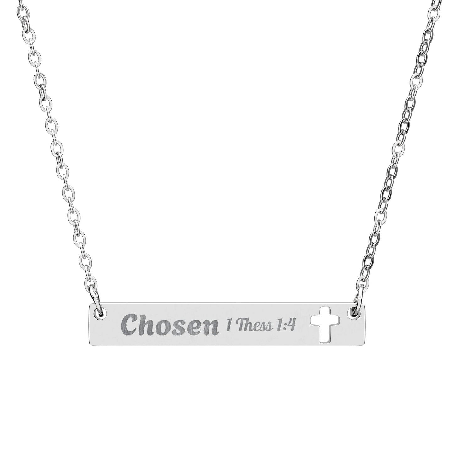 Cutout Cross Bar Necklace — Engraved "Chosen" Personalized Religious Pendant
