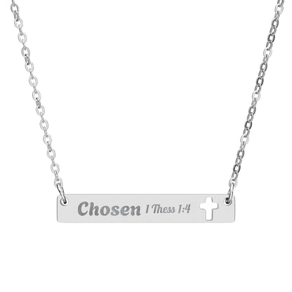 Cutout Cross Bar Necklace — Engraved "Chosen" Personalized Religious Pendant