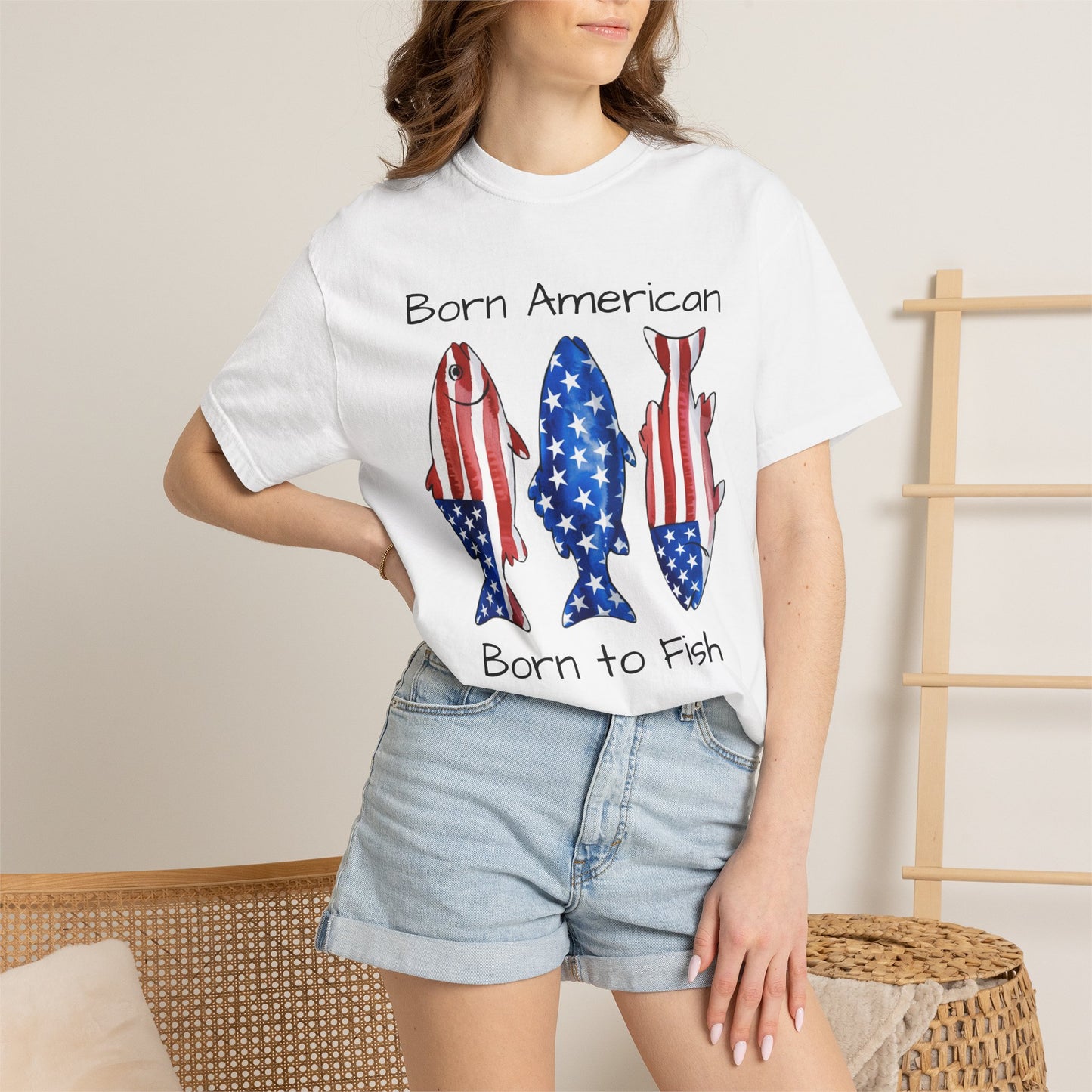 T-Shirt — "Born American Born to Fish" Patriotic Fishing Tee