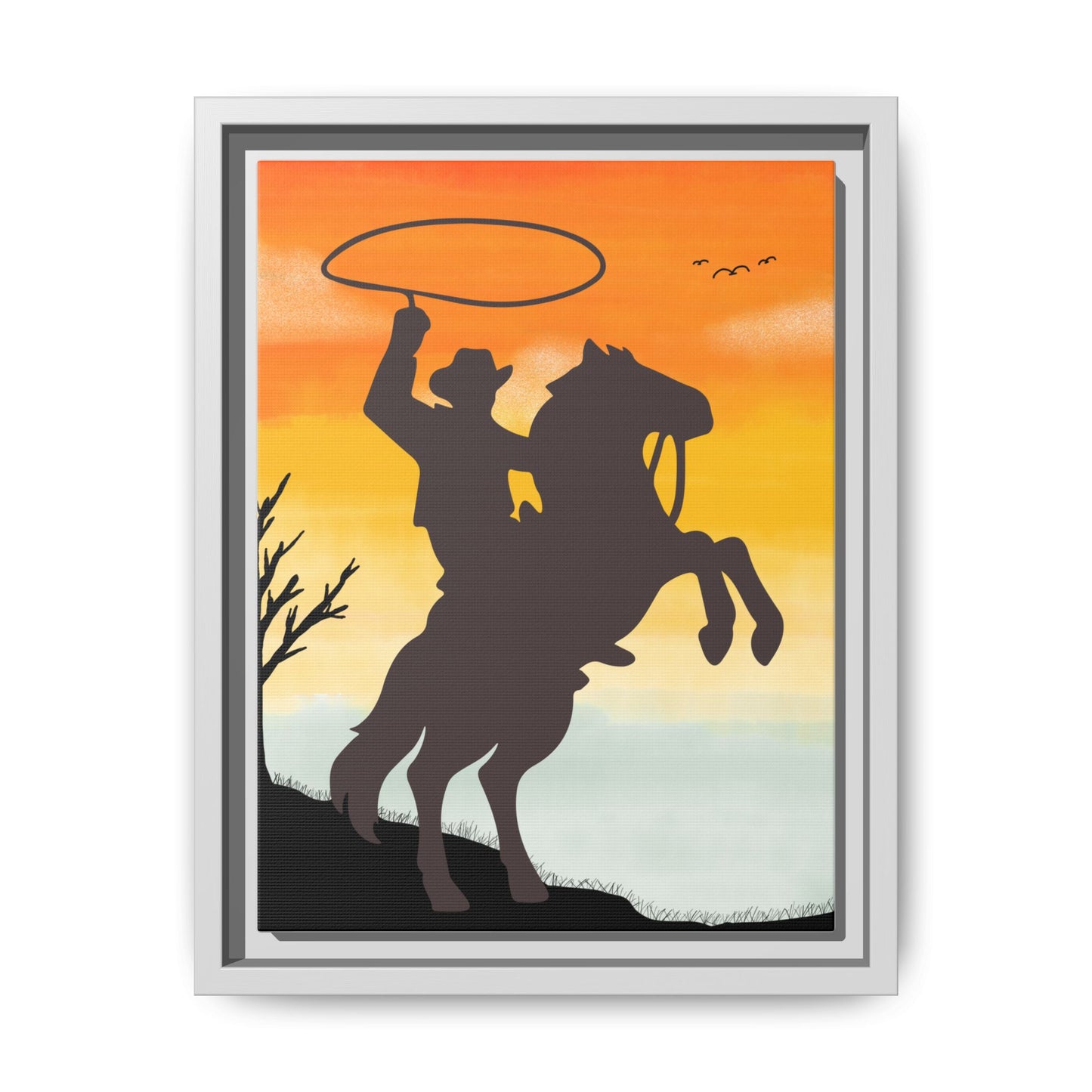 Framed Canvas Art Print Western Home Decor Rustic Wall Art Gift for Cowgirl or Cowboy Country Housewarming Rodeo Home Decor Cowboy Sunset