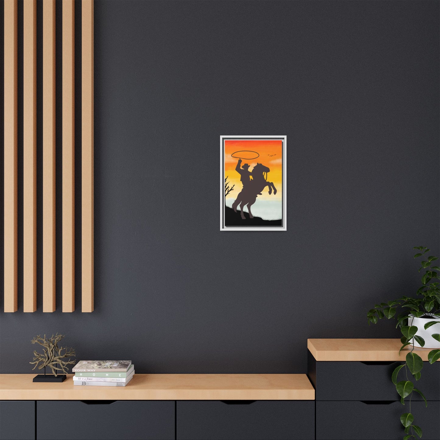 Framed Canvas Art Print Western Home Decor Rustic Wall Art Gift for Cowgirl or Cowboy Country Housewarming Rodeo Home Decor Cowboy Sunset
