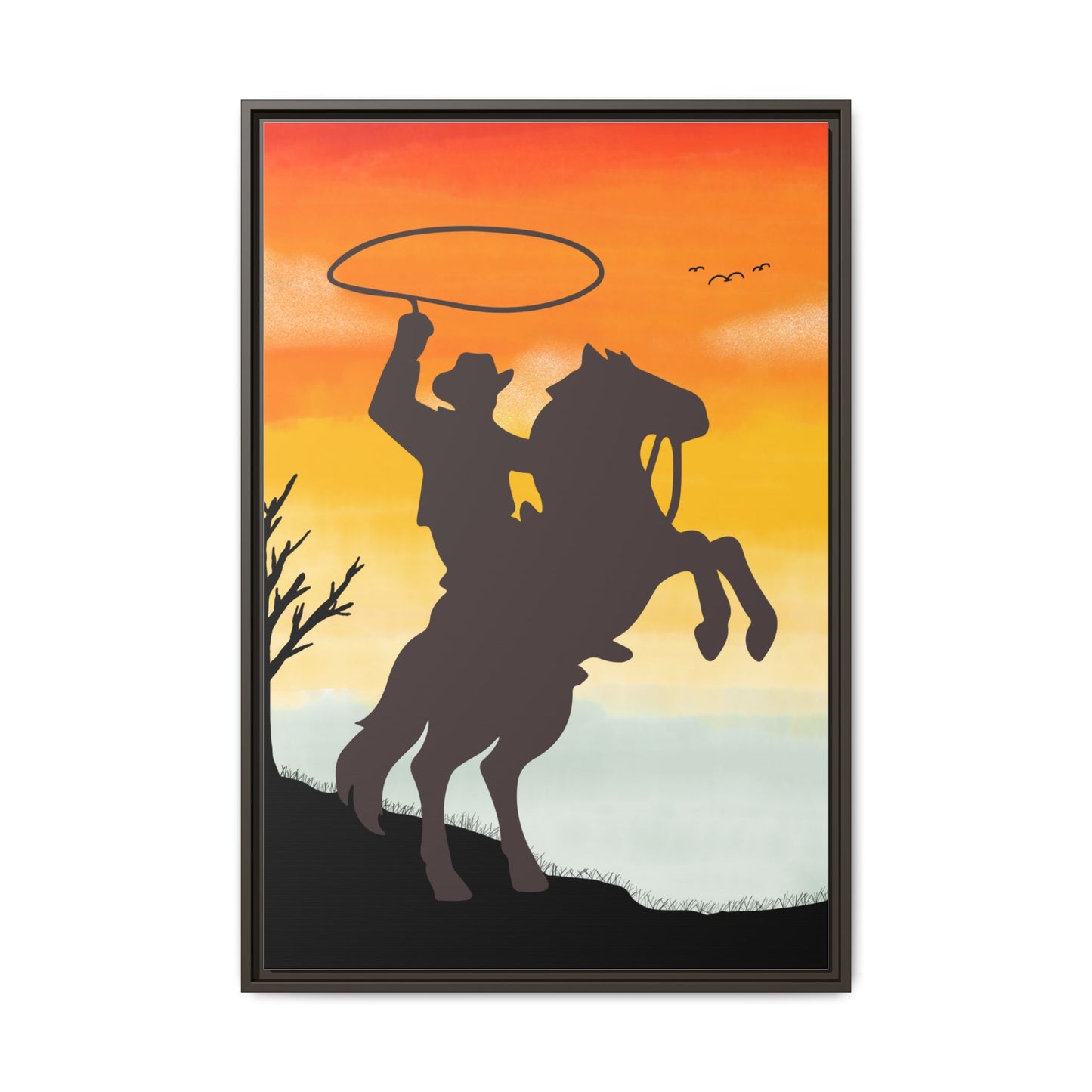 Framed Canvas Art Print Western Home Decor Rustic Wall Art Gift for Cowgirl or Cowboy Country Housewarming Rodeo Home Decor Cowboy Sunset
