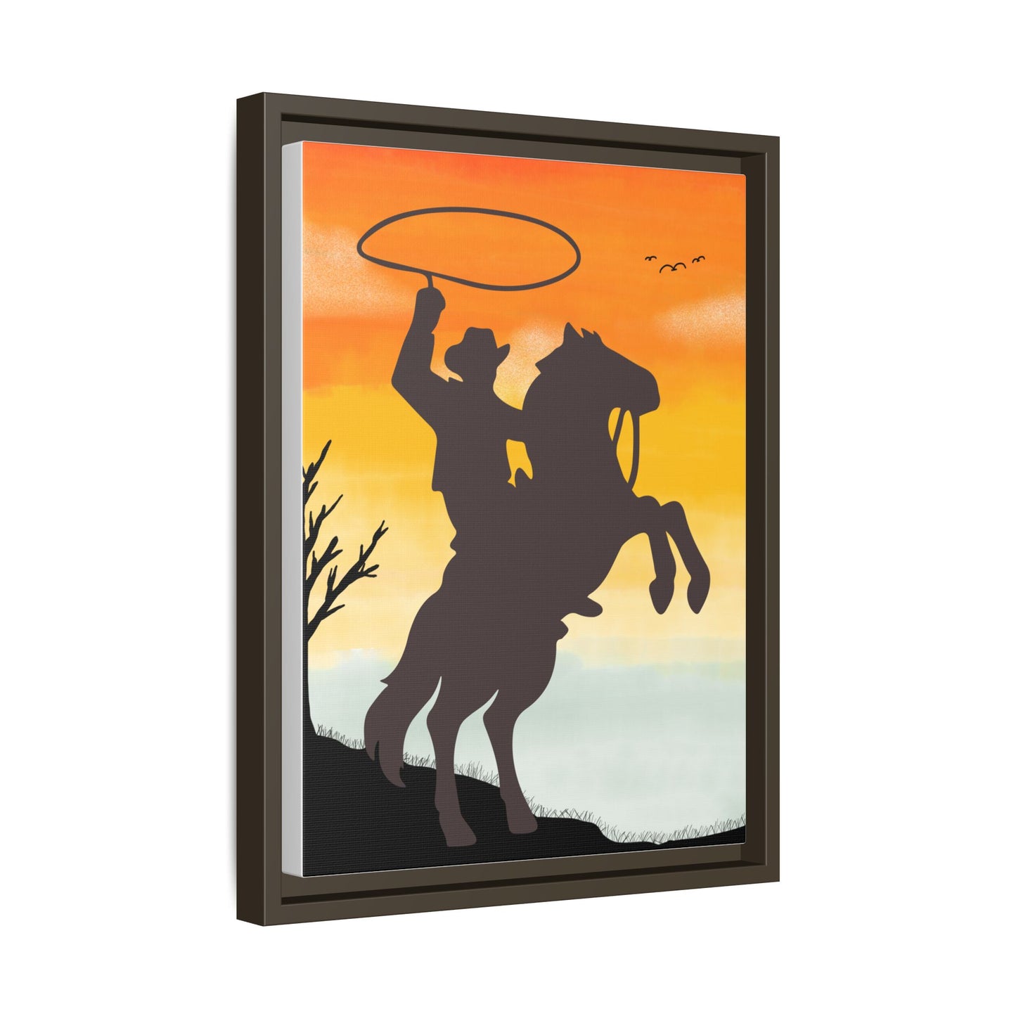 Framed Canvas Art Print Western Home Decor Rustic Wall Art Gift for Cowgirl or Cowboy Country Housewarming Rodeo Home Decor Cowboy Sunset
