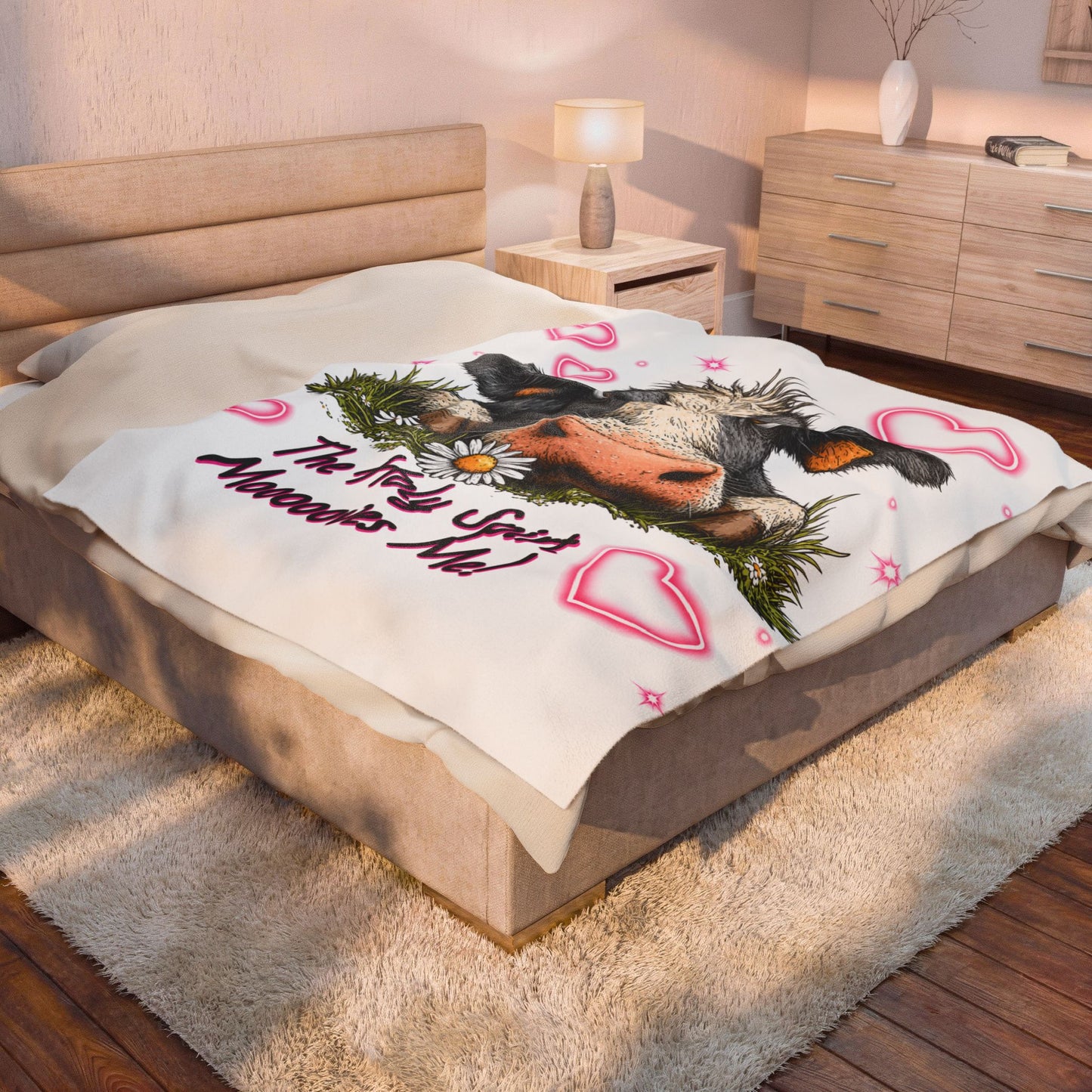 Velveteen Blanket – "The Holy Spirit Moooooves Me" Cute Cow Plush Throw