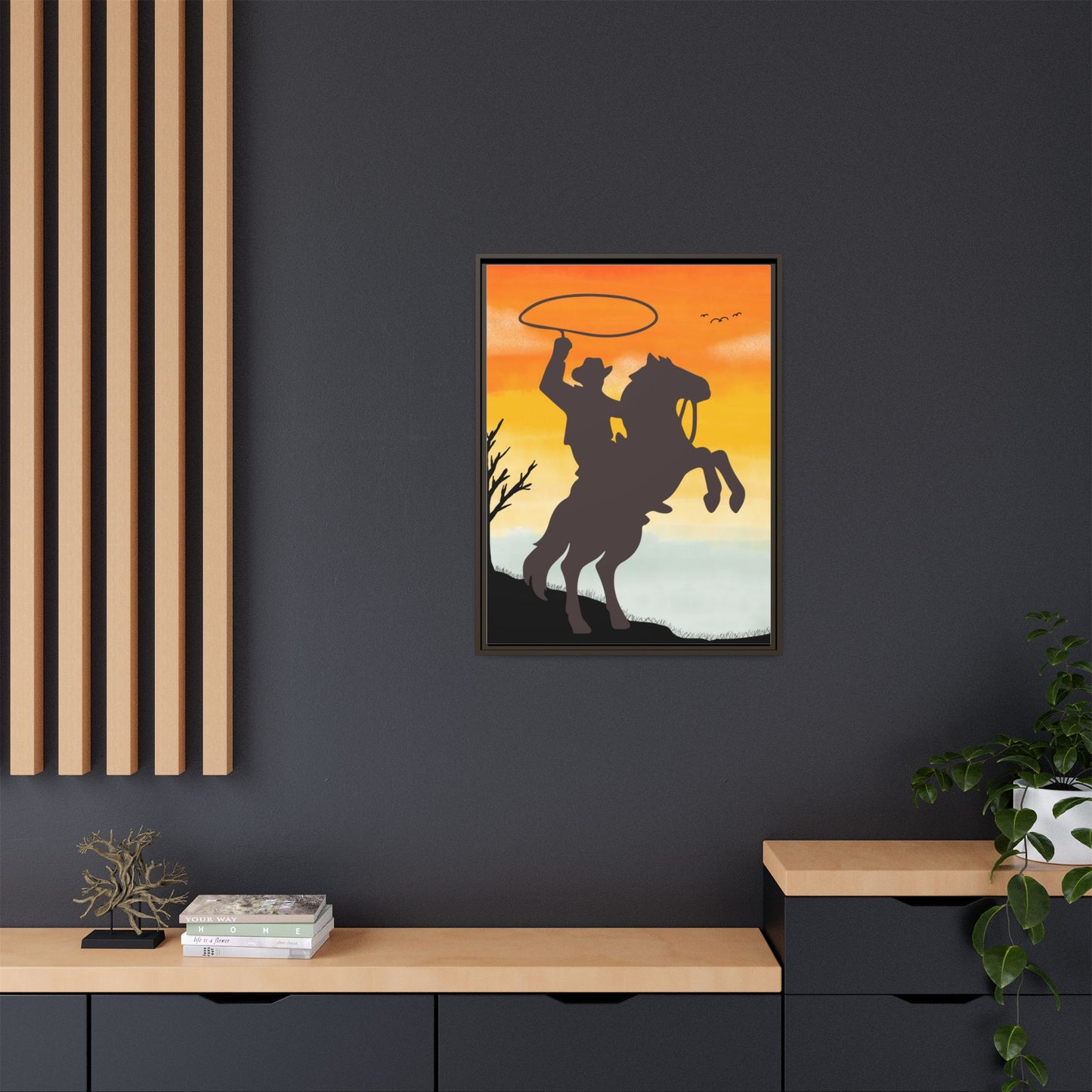 Framed Canvas Art Print Western Home Decor Rustic Wall Art Gift for Cowgirl or Cowboy Country Housewarming Rodeo Home Decor Cowboy Sunset