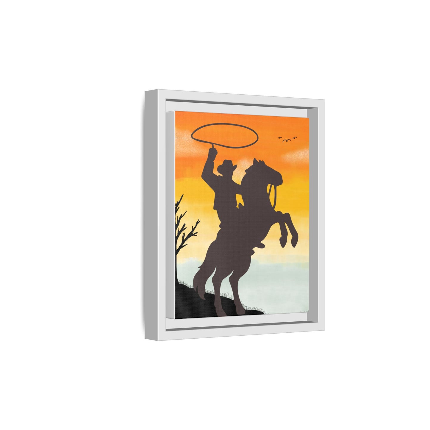 Framed Canvas Art Print Western Home Decor Rustic Wall Art Gift for Cowgirl or Cowboy Country Housewarming Rodeo Home Decor Cowboy Sunset
