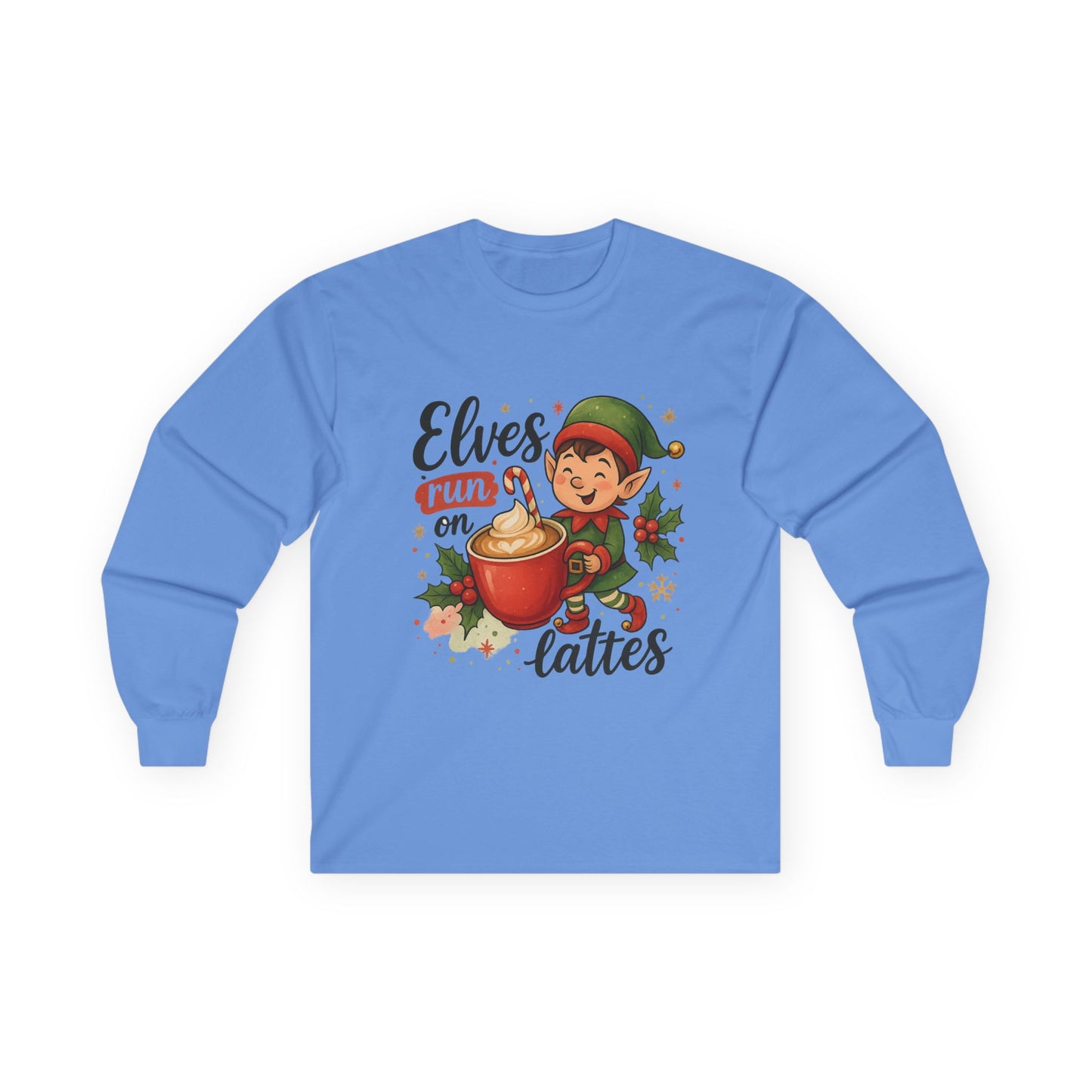 Christmas Elf Long Sleeve Tee, Holiday Shirt, Gift for Coffee Lovers, Festive Apparel, Elf-Themed Clothing