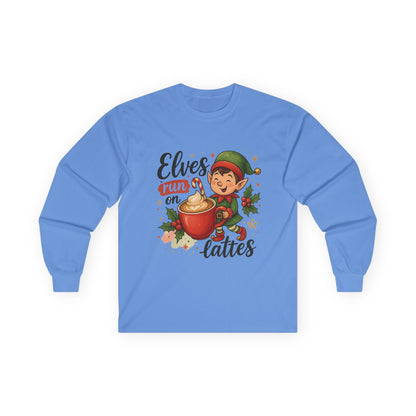 Christmas Elf Long Sleeve Tee, Holiday Shirt, Gift for Coffee Lovers, Festive Apparel, Elf-Themed Clothing