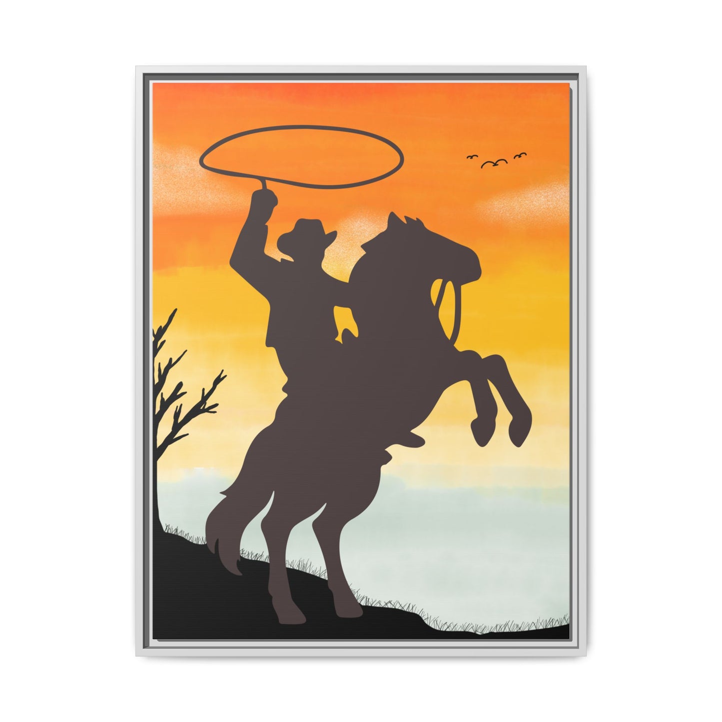 Framed Canvas Art Print Western Home Decor Rustic Wall Art Gift for Cowgirl or Cowboy Country Housewarming Rodeo Home Decor Cowboy Sunset