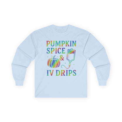 Pumpkin Spice IV Drips Long Sleeve Tee, Autumn Shirt, Fall Fashion, Halloween Apparel, Cozy Gift