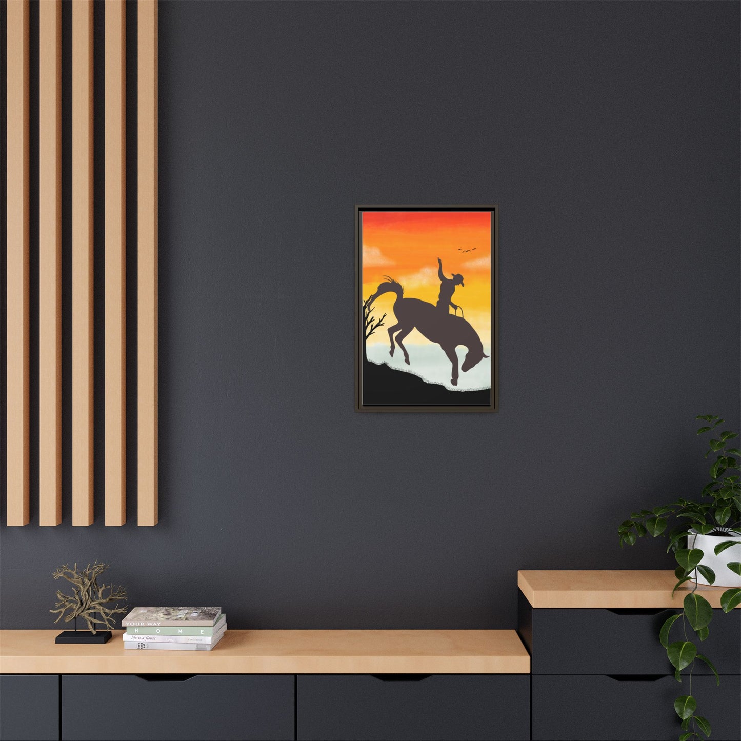 Framed Cowboy Sunset Canvas Art Equestrian Decor Farmhouse Wall Art Rustic Home Decoration Gift for Horse Lovers Rodeo Decor Housewarming Gift