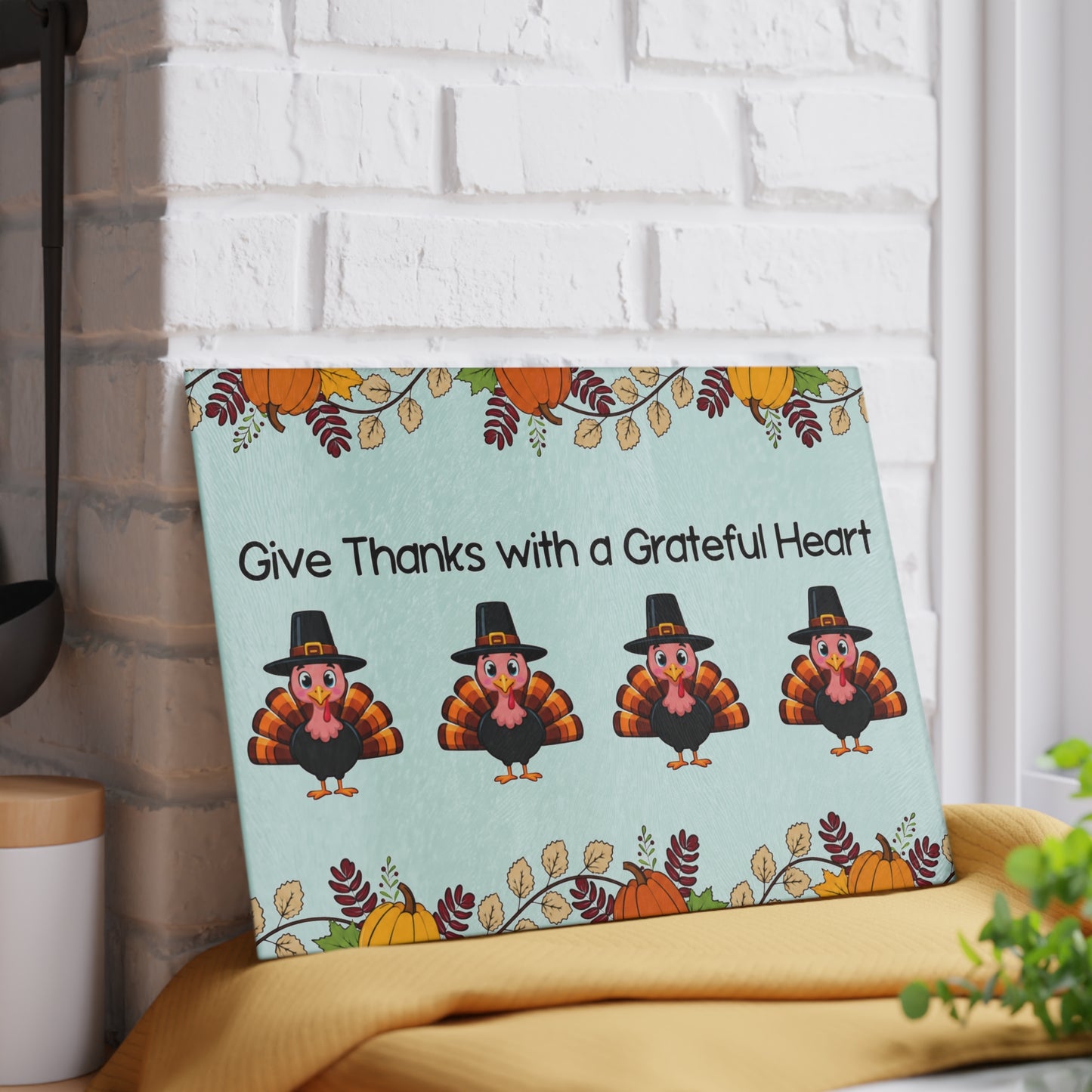 Thanksgiving Glass Cutting Board – "Give Thanks with a Grateful Heart" Turkey Design