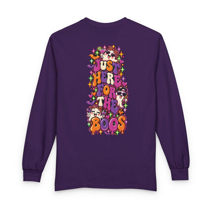 Halloween Long Sleeve Tee — "Just Here for the Boos" Ghost Party Shirt
