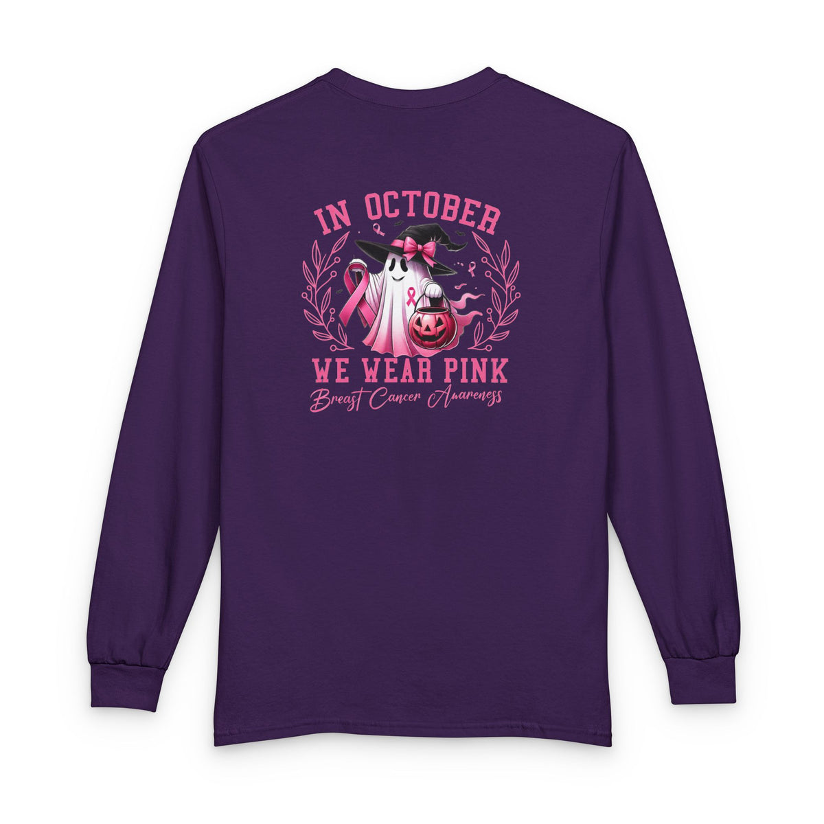 Breast Cancer Awareness Long Sleeve Tee — "In October We Wear Pink" Cow Design