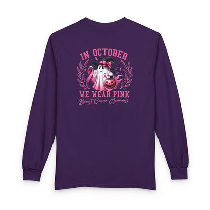 Breast Cancer Awareness Long Sleeve Tee — "In October We Wear Pink" Cow Design