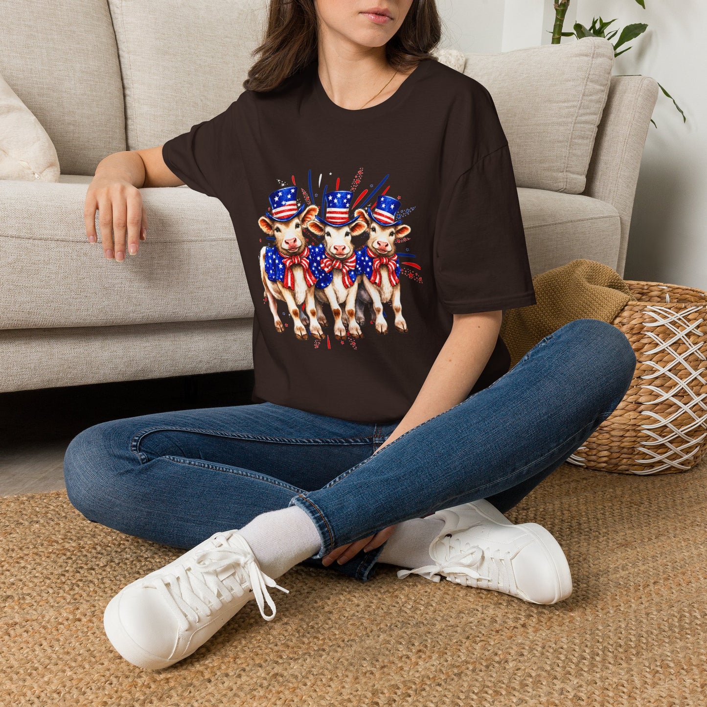 American Patriotic Cows T-Shirt — 4th of July Cow Trio in Uncle Sam Hats