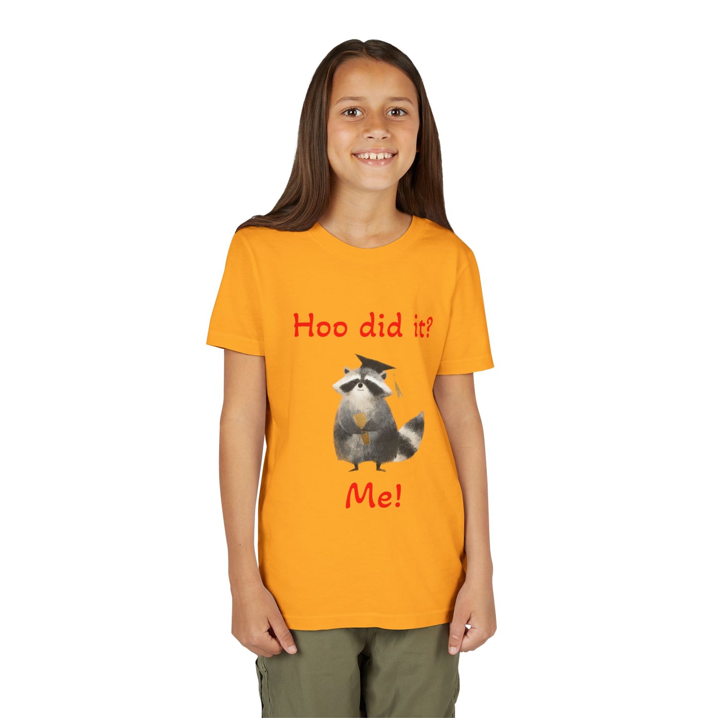 Youth Tee – Cute Raccoon “Hoo did it? Me!” Kids Shirt