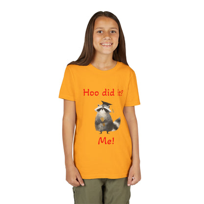 Youth Tee – Cute Raccoon “Hoo did it? Me!” Kids Shirt
