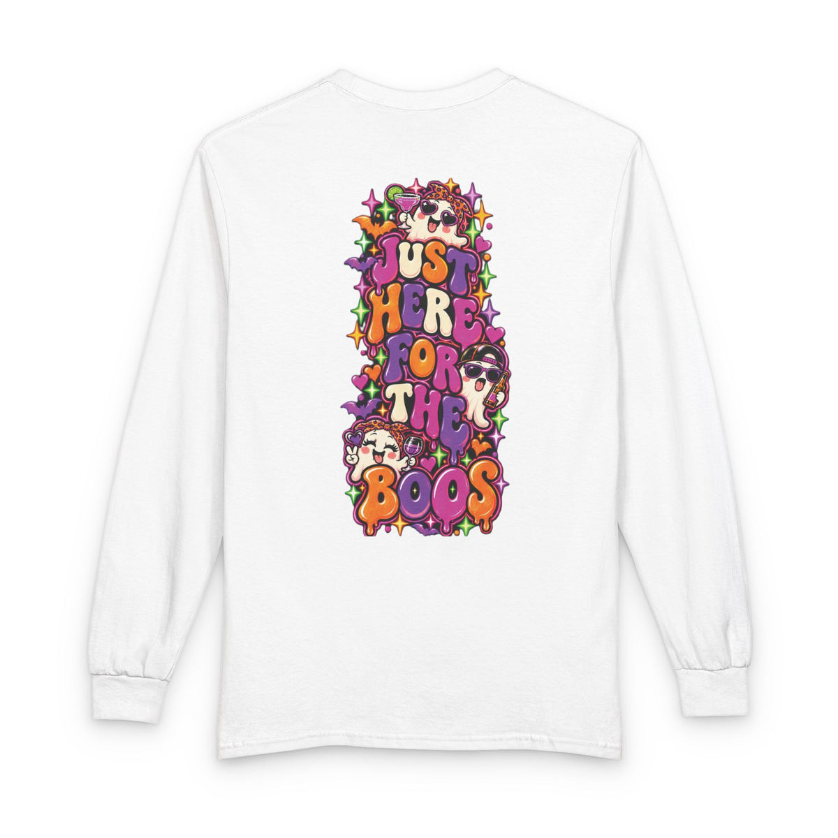 Halloween Long Sleeve Tee — "Just Here for the Boos" Ghost Party Shirt