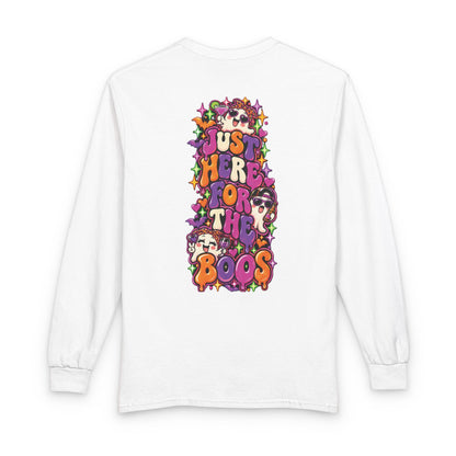 Halloween Long Sleeve Tee — "Just Here for the Boos" Ghost Party Shirt