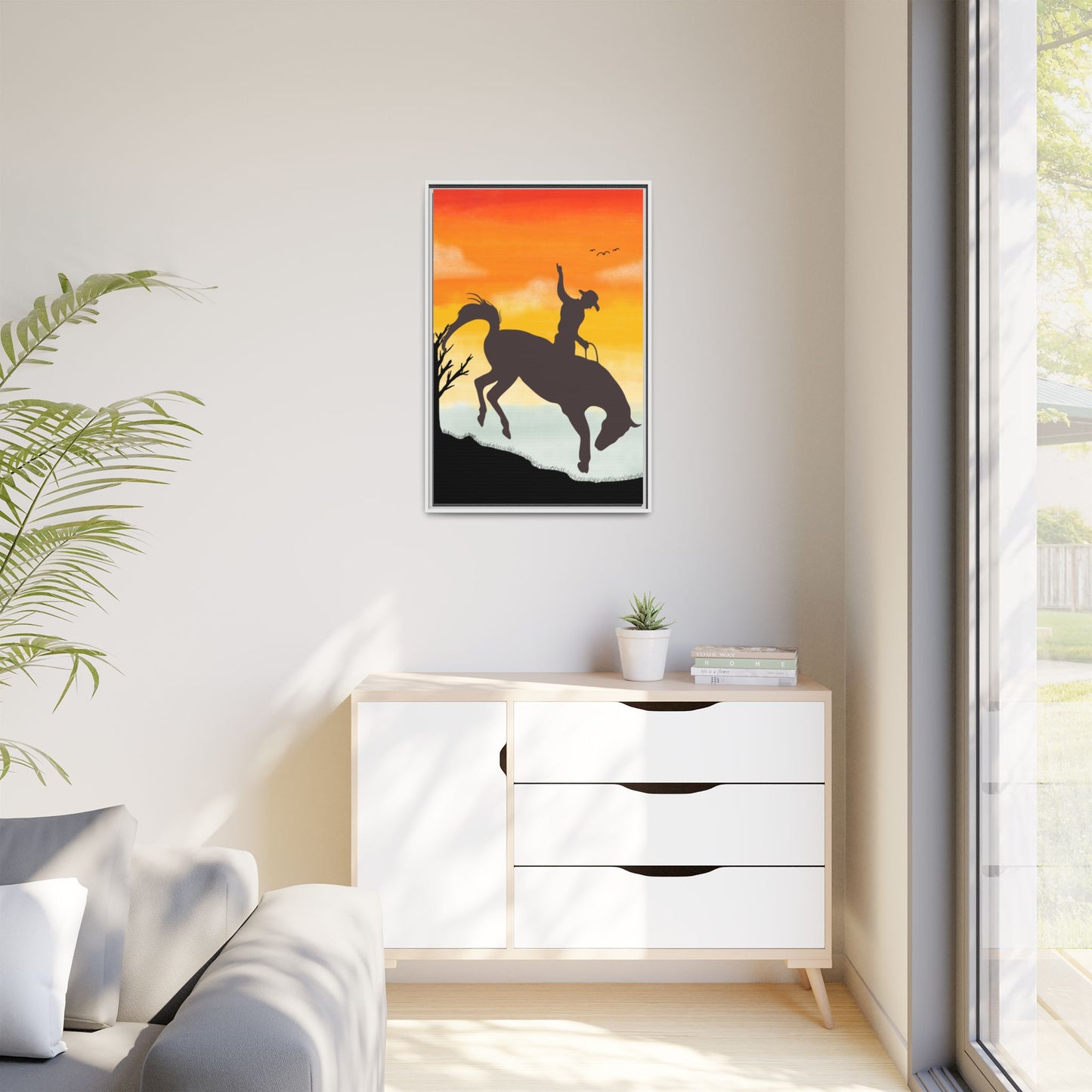Framed Cowboy Sunset Canvas Art Equestrian Decor Farmhouse Wall Art Rustic Home Decoration Gift for Horse Lovers Rodeo Decor Housewarming Gift