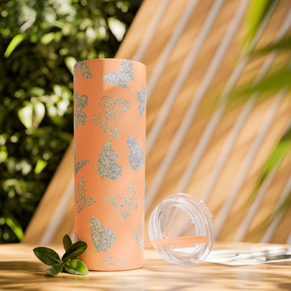 Tumbler Travel Butterfly Design Skinny Tumbler with Straw - 20oz, Stylish Drinkware for Nature Lovers Gift for Anyone