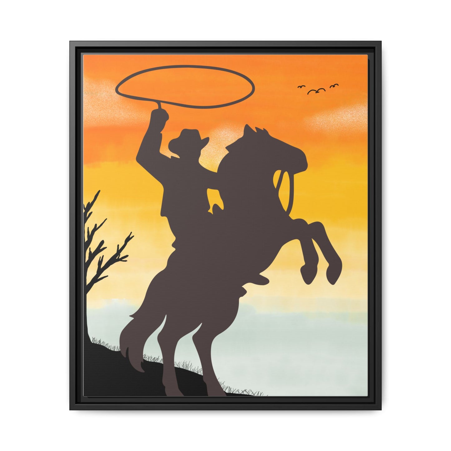 Framed Canvas Art Print Western Home Decor Rustic Wall Art Gift for Cowgirl or Cowboy Country Housewarming Rodeo Home Decor Cowboy Sunset